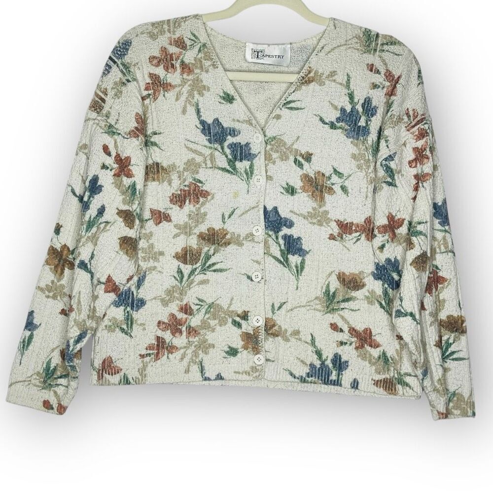 Tapestry Button Down Cream Floral Cardigan Sweater Women Medium Vintage Oversize